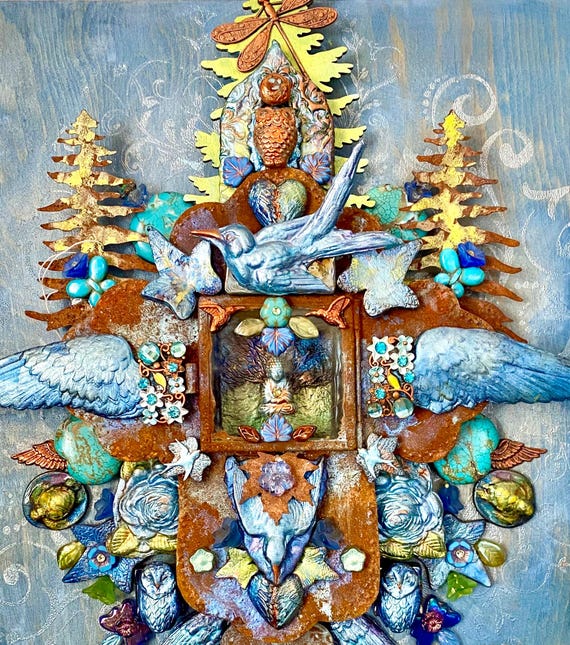 Buddha’s Bluebirds Beneath the Bo Tree Zen Woodland mixed Media Art Assemblage