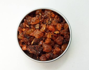 May include: A close-up of a small bowl filled with brown and amber resin pieces. The resin is a natural ingredient used in incense, perfumes, and other products.