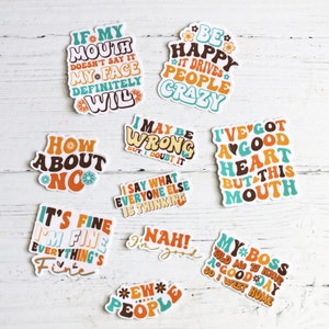 Retro Style Sarcastic Sticker Set | 10 Funny Waterproof Vinyl Stickers | Snarky Quotes, Sassy Humor Decals