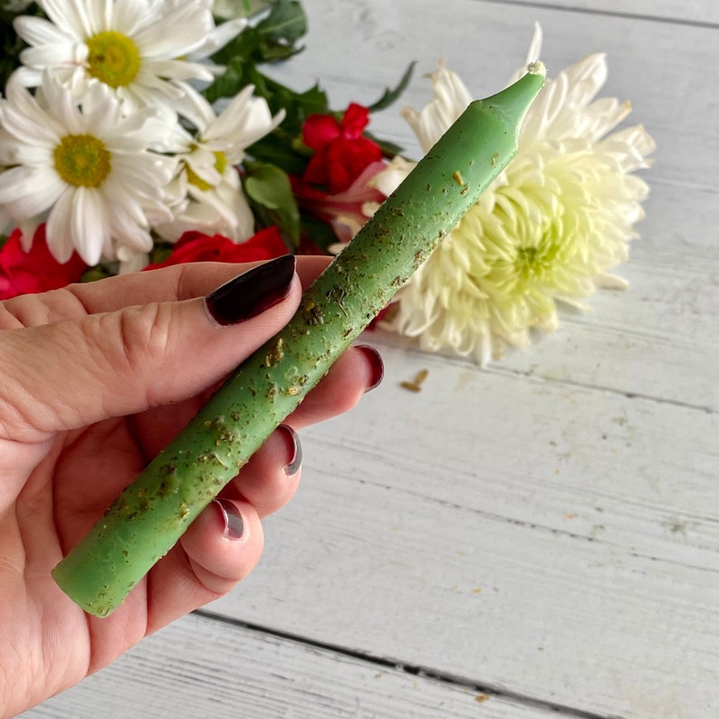 May include: A green candle with dried herbs embedded in the wax. The candle is held in a hand.