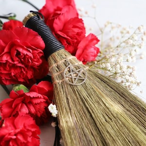 Ritual Altar Broom – 9 inch Witch’s Besom with Pentacle Charm for Spell work, Energy Clearing, Pagan or Wiccan Home Decor