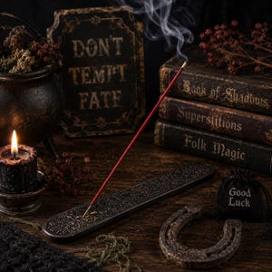 Red incense stick in a black holder with books, a lit candle and a horseshoe nearby