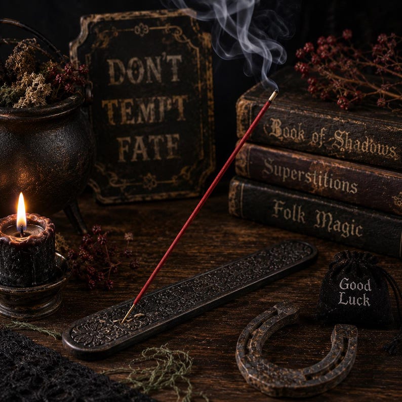 Red incense stick in a black holder with books, a lit candle and a horseshoe nearby