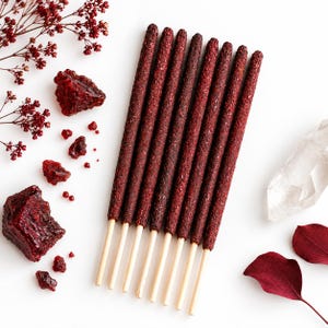 Eight handcrafted Dragon's Blood mini incense sticks with deep burgundy botanical coating and exposed bamboo ends, arranged on a bright EA white background with red resin, dried burgundy botanicals, and clear quartz.