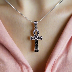 Sterling Silver Ankh Necklace – Egyptian Hieroglyphs Pendant, .925 Silver, 20 inch Snake Chain, Spiritual Jewelry Gift