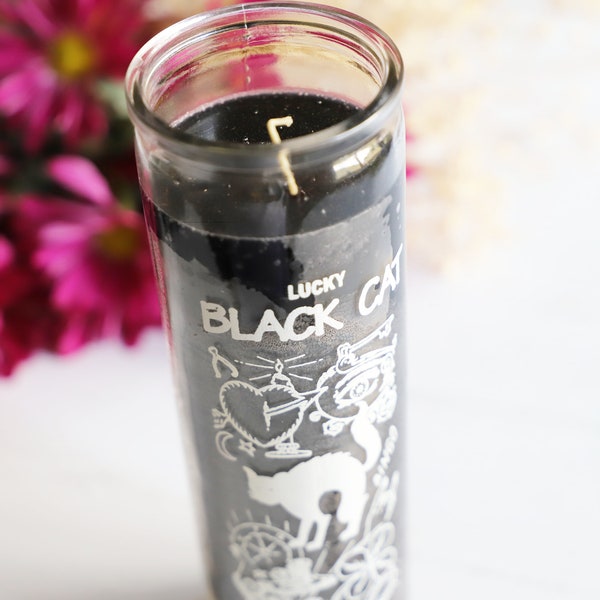 Lucky Black Cat Novena Candle, 7 Day Ritual Candle, Hoodoo, Root Work, Altar Candle