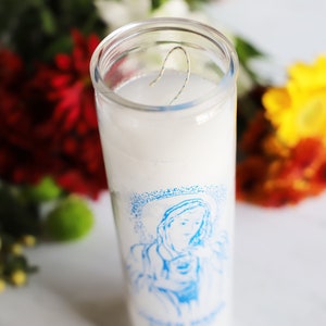 White Virgin Mary Prayer Candle – 7 Day Unscented Devotional Glass Jar Candle for Altar, Petition and Meditation