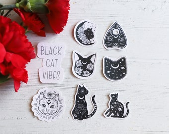 Black Cat Vibes sticker pack (8pcs), Witchy, Black and White, Mystical, Scrapbooking, Journal, Laptop