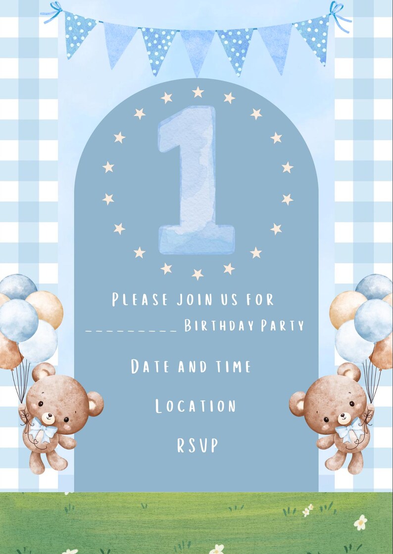 Editable Blue Teddy Bear 1st Birthday Invitation – Boy Birthday Party ...