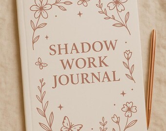 Op de afbeelding: Een crèmekleurig notitieboek met de woorden "SHADOW WORK JOURNAL" in bruine letters. De kaft heeft bloemen- en vlinderillustraties in bruin. Een roségouden pen ligt naast het notitieboek.