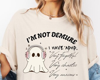 I’m Not Demure I have ADHD Shirt, Demure Trend Shirt, Funny Halloween Ghost Shirt, Ghost Holding Cat Shirt, Very Demure Ghost Shirt