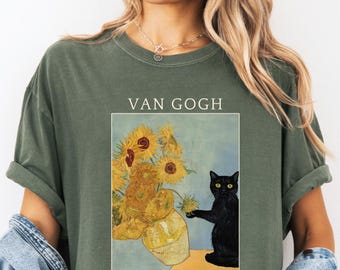 Van Gogh Cat Shirt, Van Gogh Irises Cat Tshirt, Black Cat tee, Funny Cat shirt, Flowers shirt, Ladies Shirts, Funny gift idea
