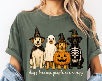 Koszulka „Psy, bo ludzie są przerażający”, zabawna koszulka dla mamy psa na Halloween, upiorna koszulka z nadrukiem psa, koszulka vintage dla miłośnika psów retro