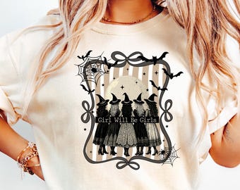 Vintage Girls Will Be Girls Witch T-Shirt, Funny Witch Vintage Shirt, Vintage Halloween Women Shirt, Witchy Vibes T-Shirt, Halloween Tee