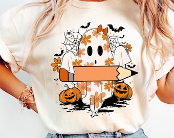 Maglietta personalizzata con nome insegnante di Halloween, maglietta personalizzata di Halloween, maglietta personalizzata con fantasma, maglietta spettrale per insegnante, maglietta regalo personalizzata per insegnante di Halloween