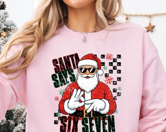 Jultomten Six Seven jultröja, viral internetmemehumor, rolig generation Z, 67-trend, jultomten säger Six Seven 6 7 meme-tomtetröja