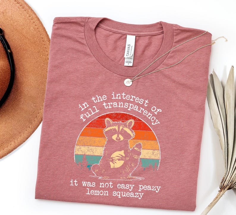 May include: A dusty rose t-shirt with a raccoon graphic inside a sunset-colored circle. The text reads "in the interest of full transparency" and "it was not easy peazy lemon squeezy". A gold necklace and a brown hat are also visible.