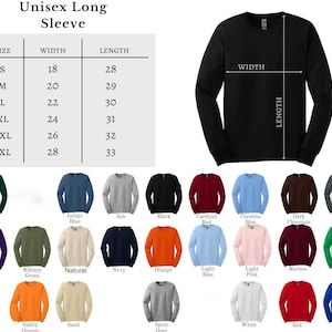 May include: A black long-sleeve shirt with a size chart and color options. The chart shows measurements for sizes S to 3XL, with widths from 18 to 28 inches and lengths from 28 to 33 inches. Available colors include black, red, blue, and green.