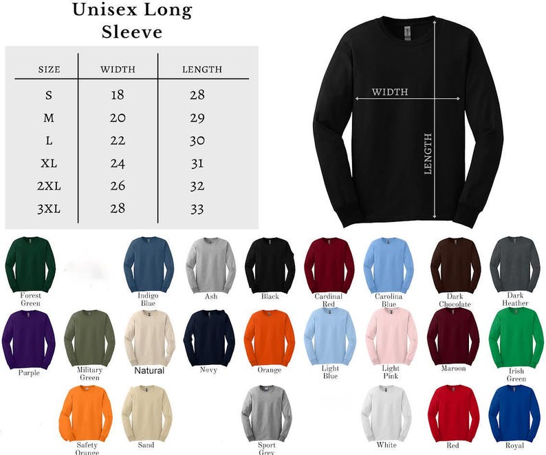 May include: A black long-sleeve shirt with a size chart and color options. The chart shows measurements for sizes S to 3XL, with widths from 18 to 28 inches and lengths from 28 to 33 inches. Available colors include black, red, blue, and green.