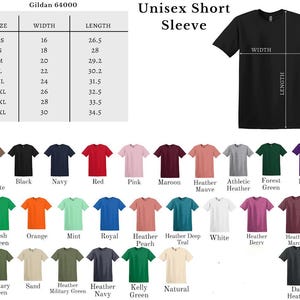 May include: A selection of Gildan 64000 unisex short sleeve t-shirts in various colors, including black, navy, red, and green. Size chart shows measurements in inches for XS to 4XL. The image also shows the width and length measurements.