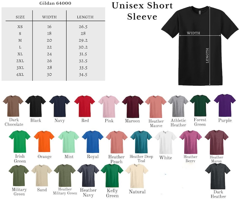 May include: A selection of Gildan 64000 unisex short sleeve t-shirts in various colors, including black, navy, red, and green. Size chart shows measurements in inches for XS to 4XL. The image also shows the width and length measurements.