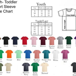 May include: A size chart for youth and toddler short sleeve t-shirts. The chart includes measurements for chest width and body length in inches, along with a color palette of available shirt colors.