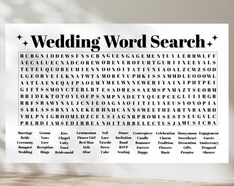 Peut inclure: Une feuille de papier blanche avec un jeu de mots cachés "Wedding Word Search" en noir. Le jeu contient des mots liés aux mariages, comme "mariée", "marié" et "cérémonie". Une activité amusante pour les invités.