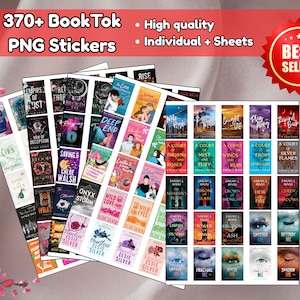 Könnte beinhalten: Eine Sammlung von PNG-Stickern mit Buchcovern, mit dem Text "370+ Book Tok PNG Stickers". Die Sticker sind in Bögen angeordnet und enthalten den Text "High quality" und "Individual + Sheets".
