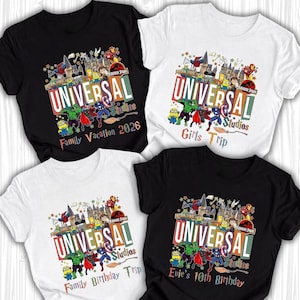 May include: Four t-shirts, two black and two white, with a colorful graphic design. The design includes the words "UNIVERSAL Studios" and various characters. Text on the shirts reads "Family Vacation 2026", "Girls Trip", "Family Birthday Trip", and "Evie's 10th Birthday".