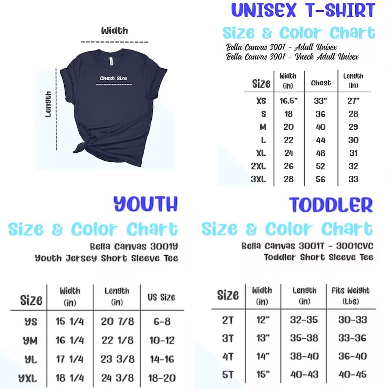The image is a size and color chart for a t-shirt, divided into two sections: "Youth" and "Toddler". The chart provides measurements and corresponding US sizes for different age groups, including sizes for children aged 6-8, 2T, 3T, 4T, and 5T.