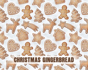 May include: A repeating pattern of gingerbread biscuits in various shapes, including gingerbread men, hearts, stars, houses, Christmas trees, and reindeer. The biscuits are brown with white icing details, set against a light blue background. The text "CHRISTMAS GINGERBREAD" is at the bottom.