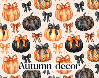 May include: A repeating pattern featuring pumpkins and bows in orange, black, and cream. The pumpkins have decorative details and are paired with black and orange bows. The text "Autumn decor" is at the bottom.
