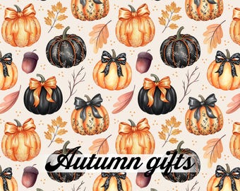 May include: A repeating pattern of watercolor pumpkins in shades of orange and black, adorned with bows and decorative details. The design includes acorns, leaves, and the text "Autumn gifts" on a cream background. Ideal for fall-themed products.