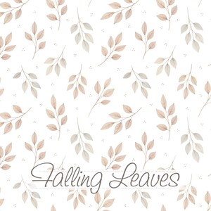 May include: A repeating pattern of watercolor leaves in shades of beige, tan, and gray on a white background. The leaves are arranged in a scattered design, with the text "Falling Leaves" in a cursive font.