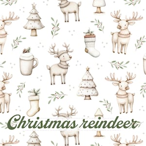 Patrón de renos navideños sin costuras con árboles acogedores, calcetines y chocolate caliente. Bonito papel digital navideño para tela, regalos y manualidades.