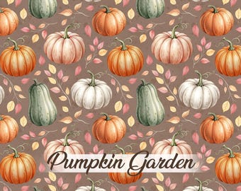 May include: A repeating pattern of pumpkins, gourds, and autumn leaves in shades of orange, green, and white on a brown background. The text "Pumpkin Garden" is overlaid on the image.