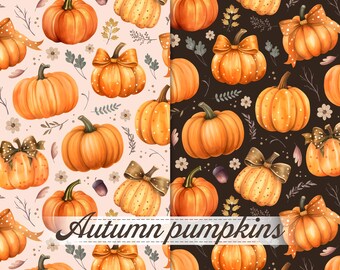 May include: Watercolour illustration of orange pumpkins with green stalks and brown bows, scattered on a light pink and dark brown background. The text "Autumn pumpkins" is written in a cursive font.