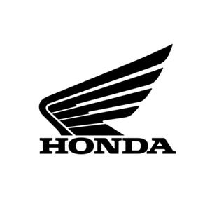 May include: The Honda logo, a black and white emblem featuring a wing design above the brand name. The wing is composed of parallel lines, and the word "HONDA" is in a bold, sans-serif font.