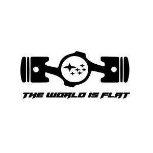 May include: A black and white graphic showing an engine piston design with the text "THE WORLD IS FLAT". The design incorporates a star cluster emblem.
