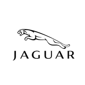 May include: The Jaguar logo in black and white. A leaping jaguar is positioned above the word "JAGUAR". The jaguar is in mid-leap, and the text is in a bold, sans-serif font, creating a striking visual contrast.