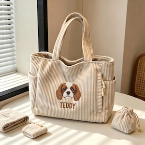 カスタム刺繍入りペットポートレートトートバッグ、犬好きママへのパーソナライズギフト