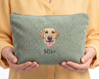 Op maat geborduurde corduroy make-uptas huisdierportret, Moederdagcadeau, verjaardagscadeau voor vrouwen, reistas