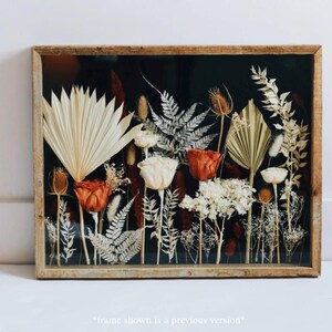May include: A framed botanical art piece featuring dried flowers and foliage. The arrangement includes orange roses, white hydrangeas, and various dried grasses and ferns, set against a dark background. The frame is made of light-colored wood. The text at the bottom reads "frame shown is a previous version".