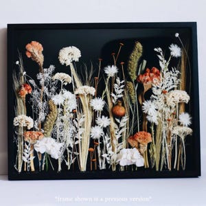 May include: A framed botanical art piece featuring a variety of dried flowers and grasses in shades of white, beige, and orange against a black background. The black frame adds a modern touch to the natural elements.