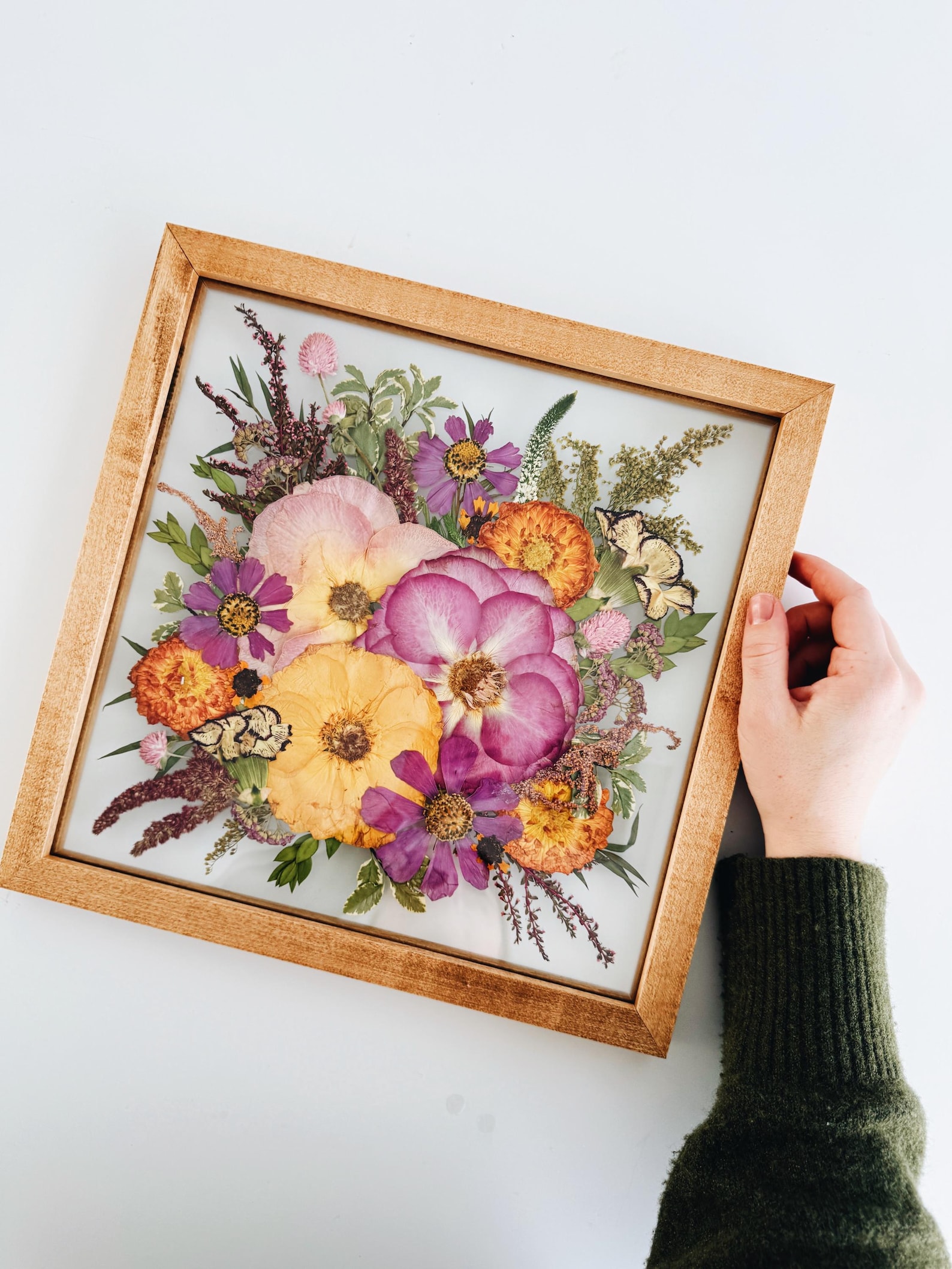 Custom Pressed Flower Bouquet Preservation | Wedding Keepsake | Bouquet Design - 11x14, Light Wood