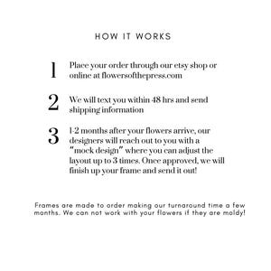 May include: White text on a white background explains the process of ordering custom framed flowers. The text includes steps for ordering, communication, design, and framing. The text also mentions the website flowersofthepress.com.