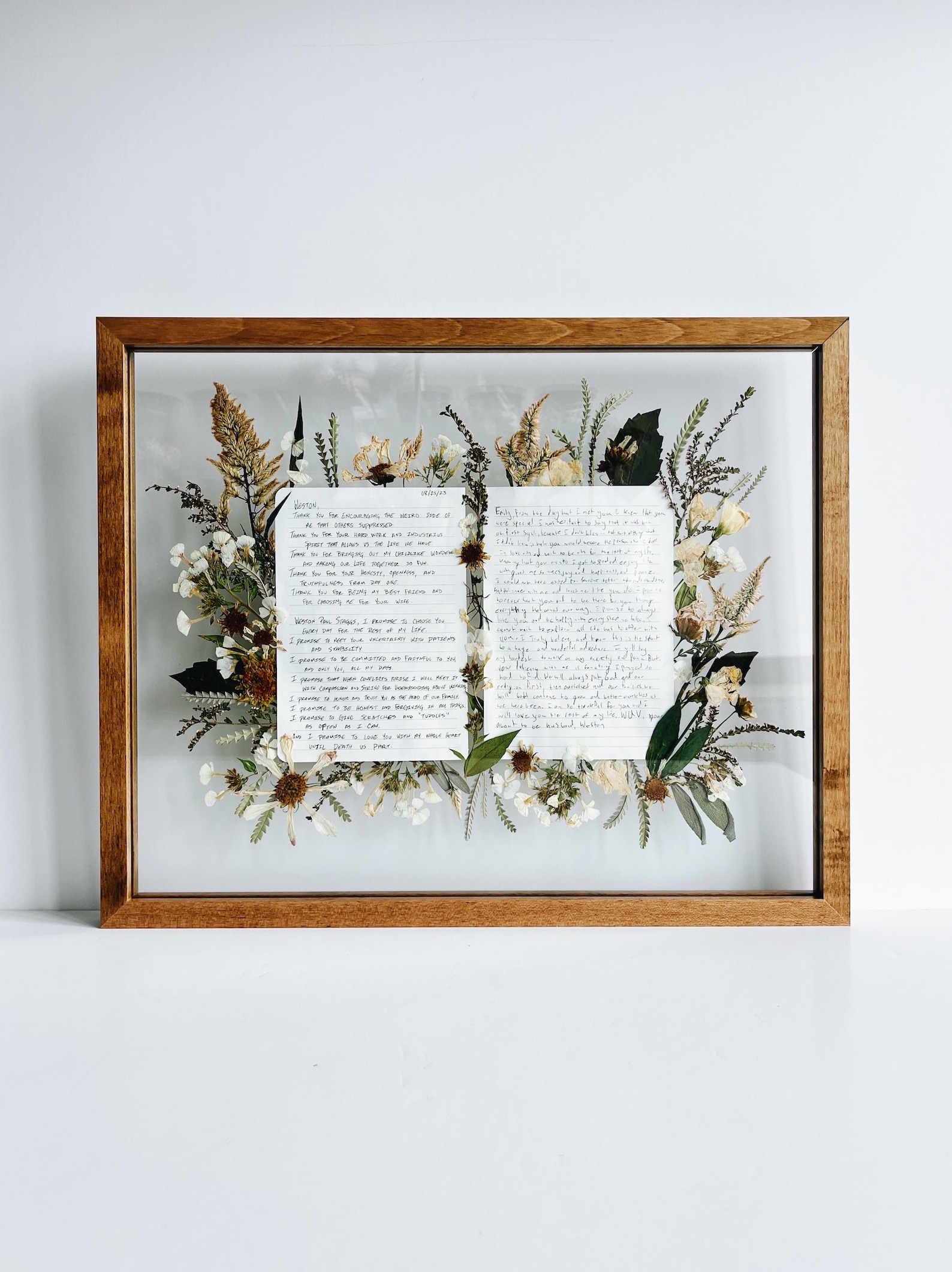 Pressed Flower Wedding Vow Art | Bouquet Preservation - Dark Wood, Personalized with "8.22.26"