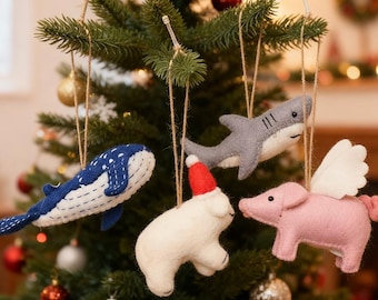 Handmade Wool Felt Animal Ornaments, Coastal Whimsical Decor