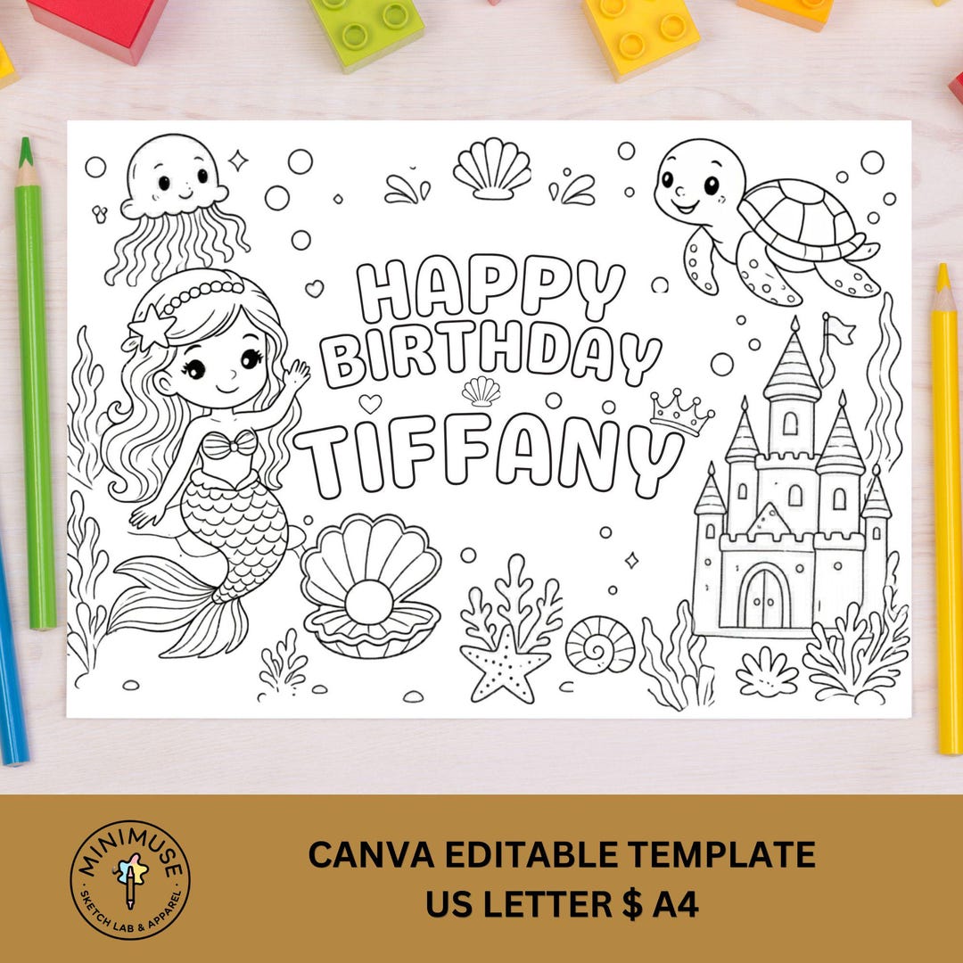 Editable Mermaid Birthday Coloring Page, Princess Activity Placemat (US ...