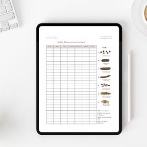 May include: A digital tablet showing a "Daily Elimination Journal" with a grid for recording bowel movements. The journal has sections for date, time, colour, passage, odour, and other details. The tablet is on a white surface.